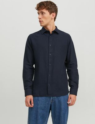 mens jack & jones slim fit cotton blend oxford shirt - navy