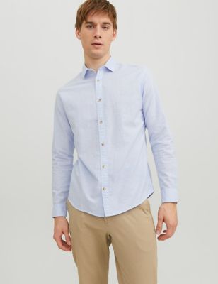 mens jack & jones cotton rich striped oxford shirt - blue