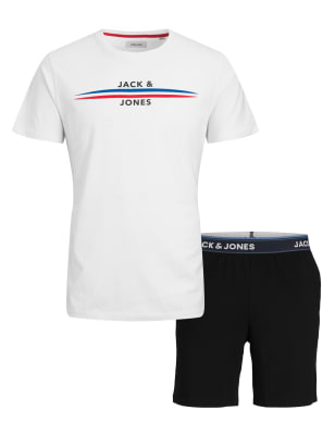 

Mens JACK & JONES Pure Cotton Logo Pyjama Set - White Mix, White Mix