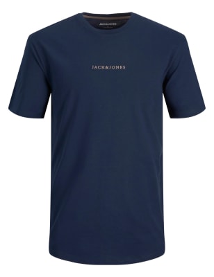 

Mens JACK & JONES Pure Cotton Slogan Crew Neck T-Shirt - Navy, Navy