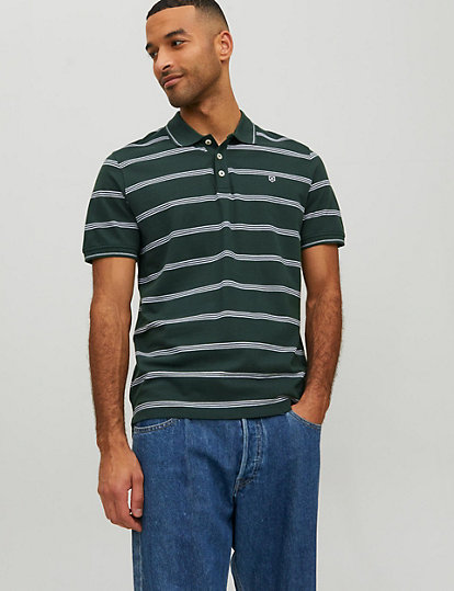 jack & jones pure cotton striped tipped polo shirt - dark green, dark green