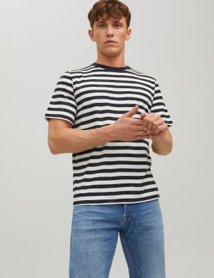 

Mens JACK & JONES Cotton Rich Striped Crew Neck T-Shirt - Navy, Navy