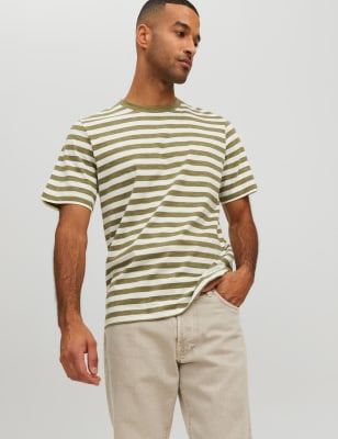 

Mens JACK & JONES Cotton Rich Striped Crew Neck T-Shirt - Green, Green