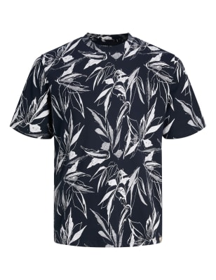 

JACK & JONES Camiseta 100% algodón con escote cerrado y estampado de hojasMens - Navy, Navy