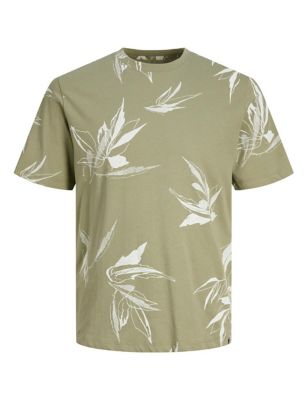 

Mens JACK & JONES Pure Cotton Leaf Print Crew Neck T-Shirt - Green, Green
