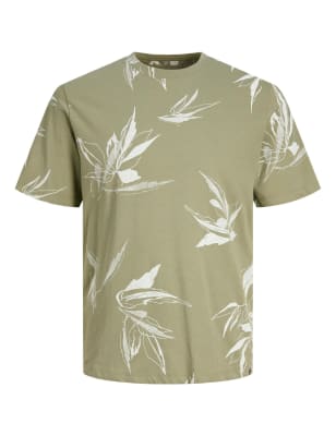

JACK & JONES Camiseta 100% algodón con escote cerrado y estampado de hojasMens - Green, Green