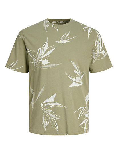 Jack & Jones Pure Cotton Leaf Print Crew Neck T-Shirt - Green, Green
