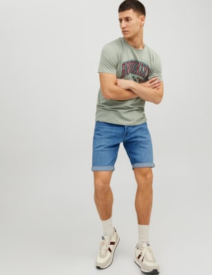 mens jack & jones 5 pocket denim shorts - med blue denim