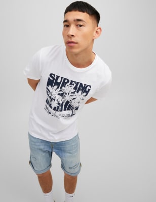 

Mens JACK & JONES Schmal geschnittenes T-Shirt aus reiner Baumwolle mit Grafik - White Mix, White Mix