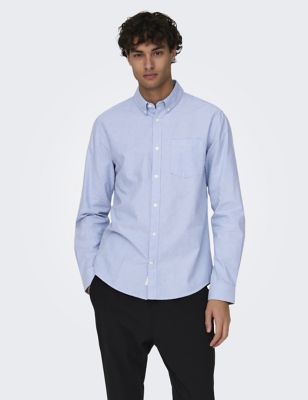 Only & Sons Men's Regular Fit Pure Cotton Oxford Shirt - Light Blue, Light Blue,White