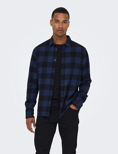 only & sons pure cotton check flannel shirt - blue mix, blue mix