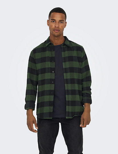 only & sons pure cotton check flannel shirt - green mix, green mix