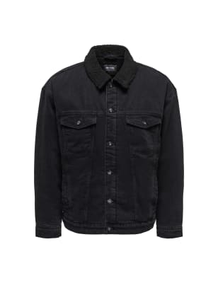 Mens black denim outlet jacket with borg collar