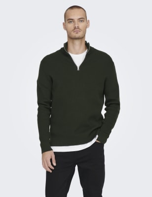 Only & Sons Mens Cotton Rich Half Zip Jumper - Green, Green,Navy Mix