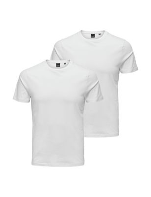 Only & Sons Mens 2pk Slim Fit Cotton Rich Crew Neck T-Shirts - White, White,Black