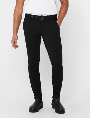 Only & Sons Men's Tapered Fit Flat Front Trousers - 3032 - Black, Black,Navy,Dark Grey