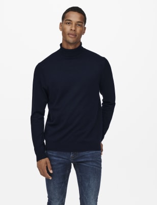 Only & Sons Mens Roll Neck Jumper - Navy Mix, Navy Mix,Grey Mix,Black,Beige