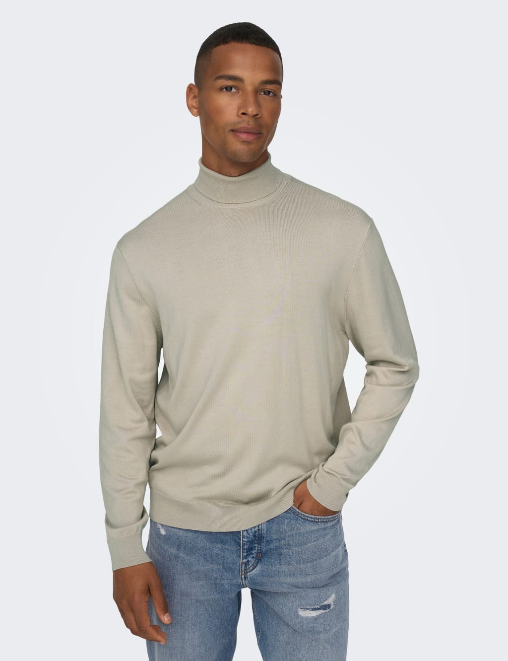 Mens light grey roll neck jumper clearance