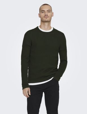 Only & Sons Men's Pure Cotton Textured Crew Neck Jumper - Green, Green,Grey Mix,Blue,Black,Green Mix