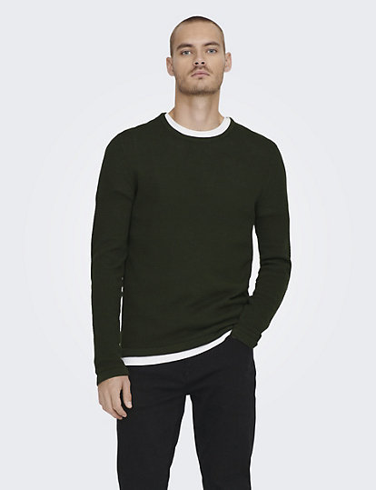 only & sons pure cotton textured crew neck jumper - green, green