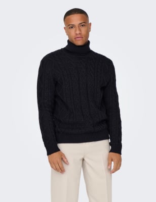Cotton Blend Cable Roll Neck Jumper