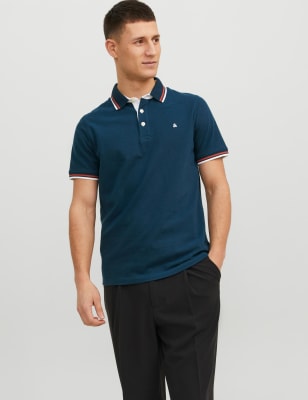 

Mens JACK & JONES Slim Fit Pure Cotton Tipped Polo Shirt - Dark Blue, Dark Blue