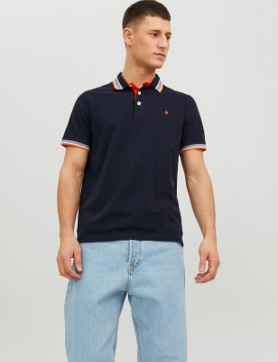 

Mens JACK & JONES Slim Fit Pure Cotton Tipped Polo Shirt - Dark Navy, Dark Navy