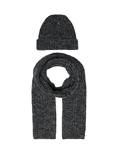 only & sons 2pc textured knitted beanie hat & scarf set - 1size - grey, grey