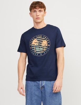 Jack & Jones Mens Pure Cotton Beach Graphic Crew Neck T-Shirt - Navy, Navy