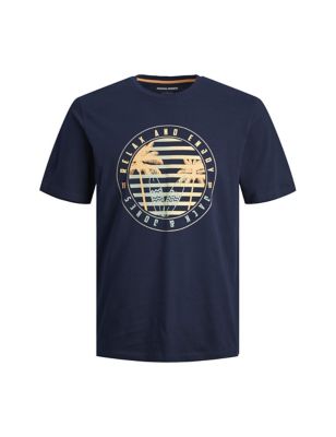Jack & Jones Mens Pure Cotton Beach Graphic Crew Neck T-Shirt - Navy, Navy
