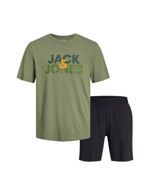 Jack & Jones Mens Pure Cotton Logo Pyjama Set - Green, Green,Navy