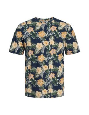 Jack & Jones Men's Pure Cotton Floral Print Crew Neck T-Shirt - Navy Mix, Navy Mix,White Mix