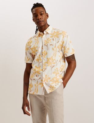 Ted Baker Mens Abstract Floral Shirt with Linen - M - Yellow Mix, Yellow Mix