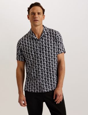 Ted Baker Mens Linen Blend Geometric Print Oxford Shirt - Black Mix, Black Mix