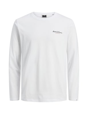 

Mens JACK & JONES Pure Cotton Crew Neck Long Sleeve T-Shirt - White Mix, White Mix