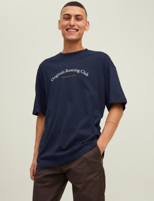 

Mens JACK & JONES T-Shirt aus reiner Baumwolle mit Schriftzug - Navy Mix, Navy Mix