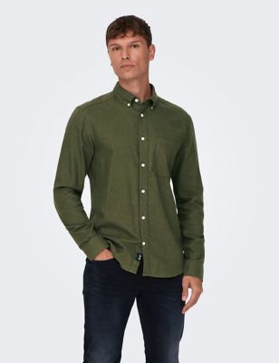 Only & Sons Mens Slim Fit Pure Cotton Flannel Shirt - XXL - Green, Green,Beige