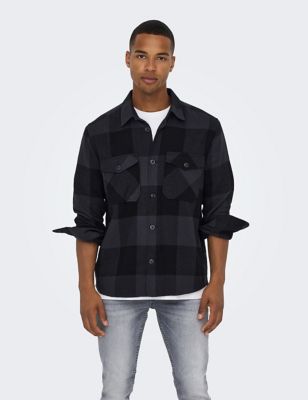 Only & Sons Mens Pure Cotton Checked Overshirt - Navy Mix, Navy Mix