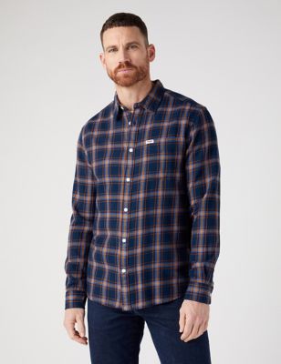 Wrangler Mens Pure Cotton Check Flannel Shirt - XL - Navy Mix, Navy Mix