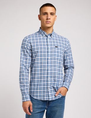 Lee Mens Pure Cotton Check Oxford Shirt - Blue, Blue,Dark Red
