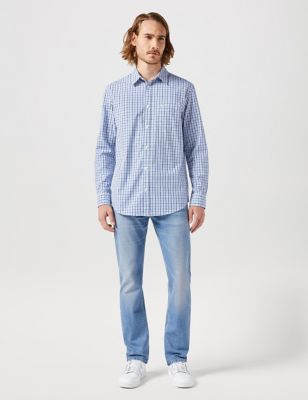 Wrangler Men's Pure Cotton Check Oxford Shirt - Light Blue Mix, Light Blue Mix