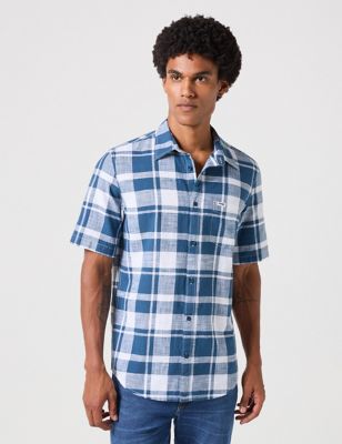 Wrangler Men's Pure Cotton Check Oxford Shirt - Blue, Blue