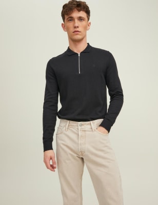 

JACK & JONES Polo de algodón de punto con cremallera en el cuelloMens - Black, Black