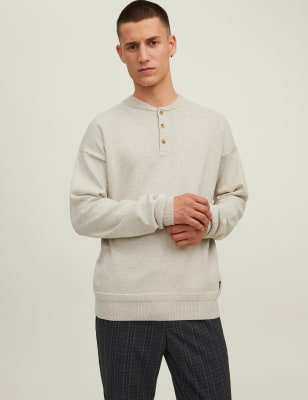 

Mens JACK & JONES Cotton Rich Henley Long Sleeve Jumper - Stone, Stone