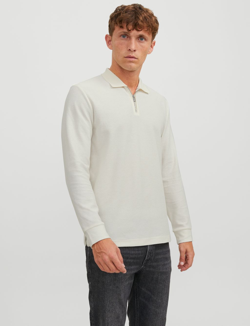 Cotton Rich Half Zip Long Sleeve Polo Shirt image 1