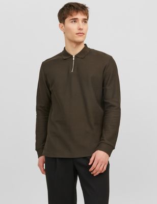 Cotton Rich Half Zip Long Sleeve Polo Shirt