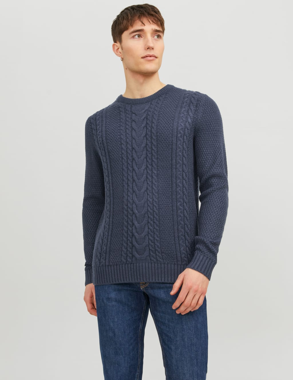 Textured Cable Crew Neck Jumper with Cotton image 1