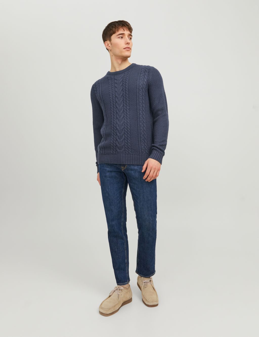Textured Cable Crew Neck Jumper with Cotton image 4