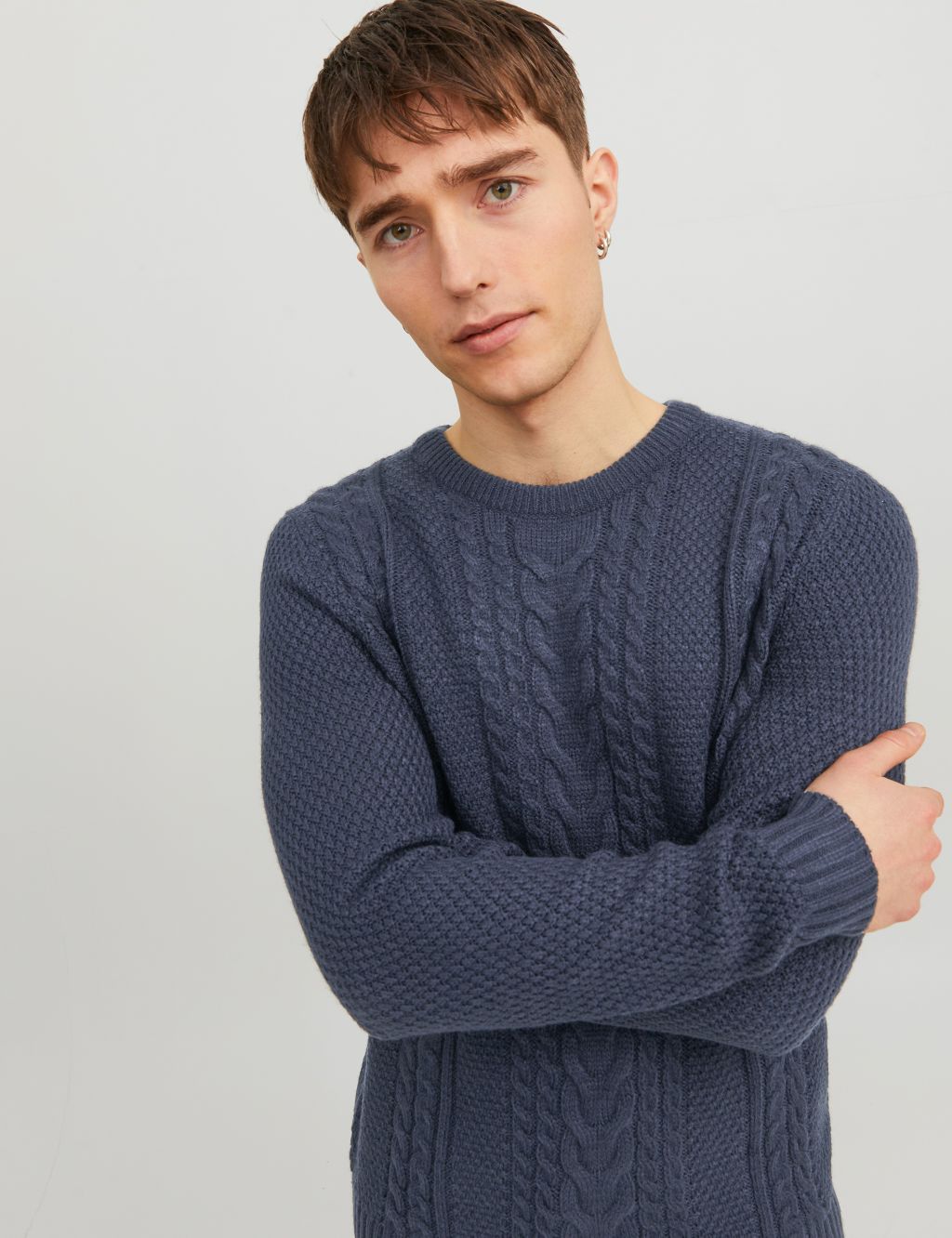 Textured Cable Crew Neck Jumper with Cotton image 7