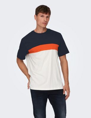 Pure Cotton Colour Block Crew Neck T-Shirt